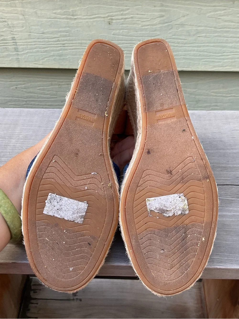 Toms Denim Blue Twist and Tan Espadrille Wedge Sandals